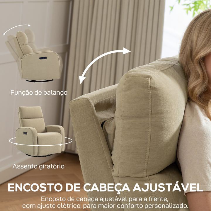 Poltrona Relax Reclinável Elétrica com Motor Duplo, Poltrona de Chenille Giratória e de Balanço com Apoio de Cabeça Ajustável, Portas USB e USB-C, Apoio para os Pés, Botões Iluminados, Bege