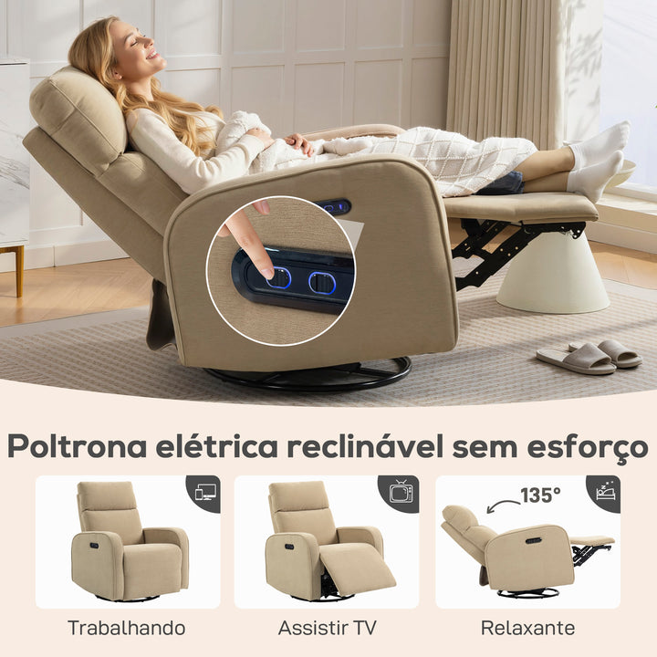 Poltrona Relax Reclinável Elétrica com Motor Duplo, Poltrona de Chenille Giratória e de Balanço com Apoio de Cabeça Ajustável, Portas USB e USB-C, Apoio para os Pés, Botões Iluminados, Bege