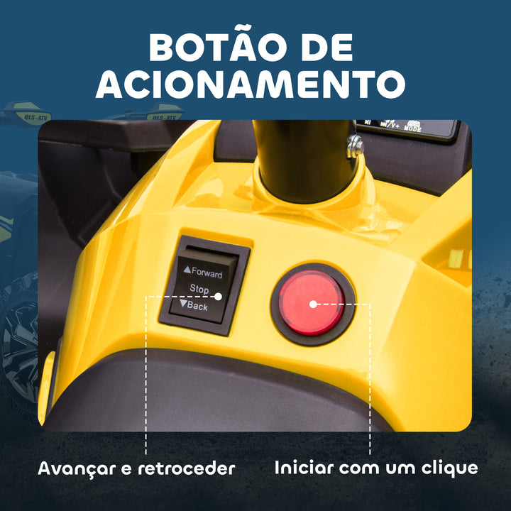 Quadriciclo Elétrico 12V para Crianças acima de 3 Anos com Farol Música Pneus de Suspensão Botões Avance e Retrocesso Veículo Elétrico a Bateria 100x65x73cm Amarelo