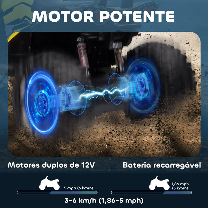 Quadriciclo Elétrico 12V para Crianças acima de 3 Anos com Farol Música Pneus de Suspensão Botões Avance e Retrocesso Veículo Elétrico a Bateria 100x65x73cm Amarelo