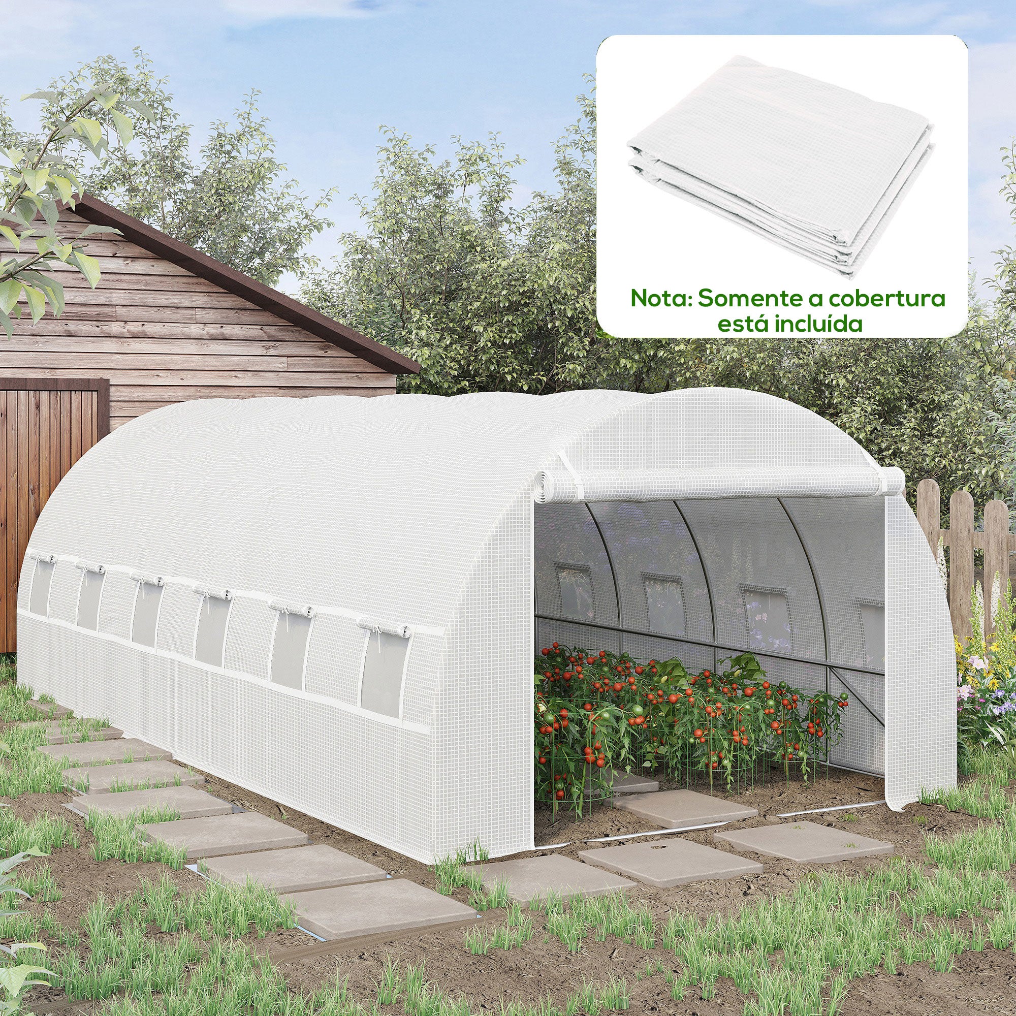 Cobertura de Estufa de Túnel 6x3x2m Cobertura de Substituição de Estufa Polietileno com 12 Janelas e Portas Enroláveis Proteção de Plantas para Jardim Verde