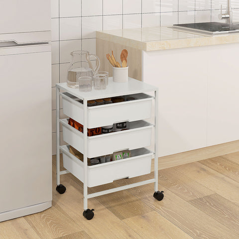 Carrinho Auxiliar com Rodas Carrinho de Cozinha de 3 Níveis com 3 Cestos para Armazenamento e Estrutura de Aço para Sala de Jantar Banheiro 40,8x33,5x60,5 cm Branco