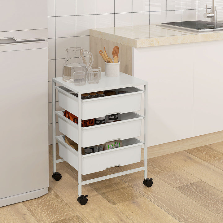 Carrinho Auxiliar com Rodas Carrinho de Cozinha de 3 Níveis com 3 Cestos para Armazenamento e Estrutura de Aço para Sala de Jantar Banheiro 40,8x33,5x60,5 cm Branco