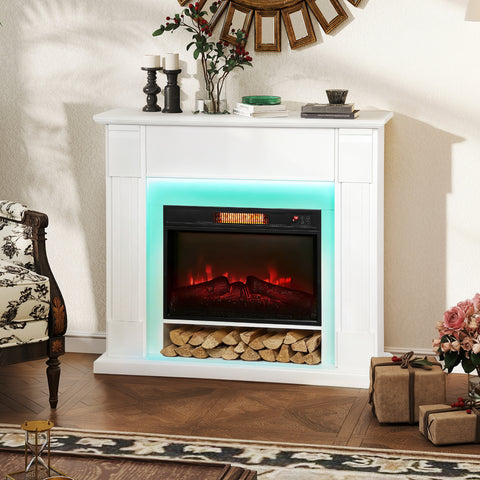 Lareira Elétrica Empotrada com Efeito de Chama 3D e Tira de Luz LED RGB 1800W Temporizador Termostato Digital Controlo Remoto para 30 m² 105x27x97 cm Branca