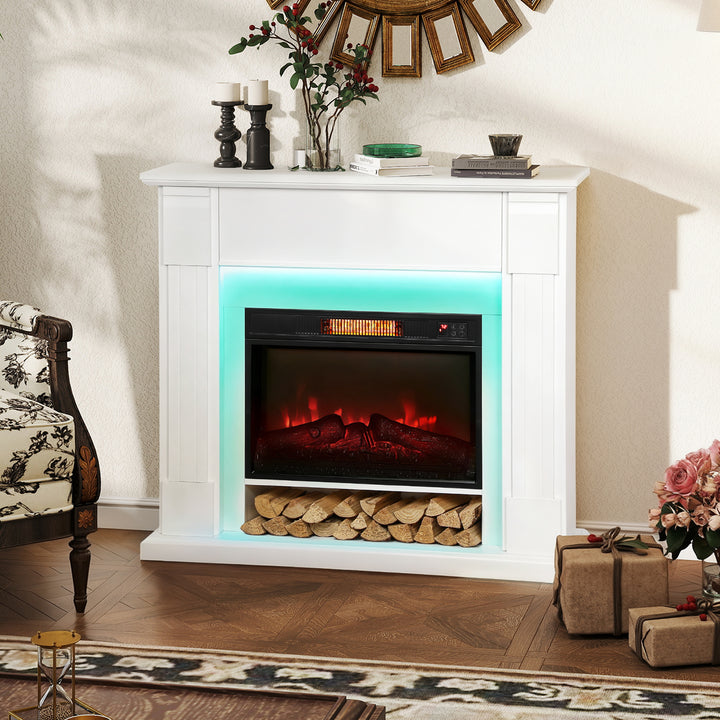 Lareira Elétrica Empotrada com Efeito de Chama 3D e Tira de Luz LED RGB 1800W Temporizador Termostato Digital Controlo Remoto para 30 m² 105x27x97 cm Branca