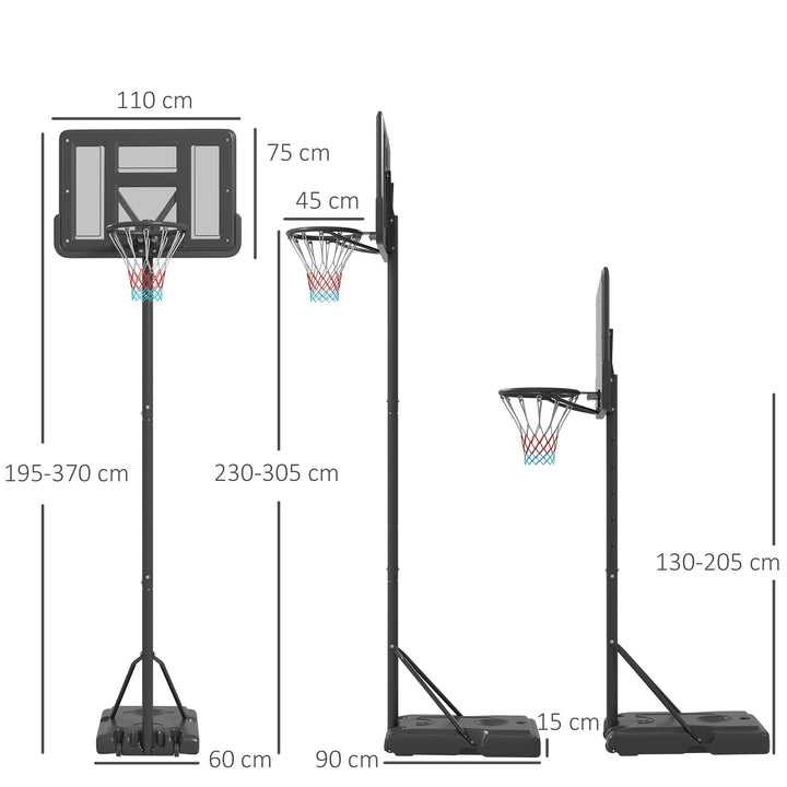 Tabela de Basquetebol de Exterior 2 em 1 com Altura Ajustável 230-305 cm Cesta de Basquetebol para Piscina com Suporte Tabela de Basquetebol com Rodas Base Preenchível 110x75x195-370 cm Preto