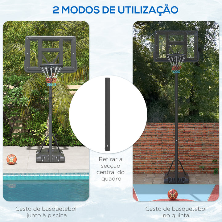 Tabela de Basquetebol de Exterior 2 em 1 com Altura Ajustável 230-305 cm Cesta de Basquetebol para Piscina com Suporte Tabela de Basquetebol com Rodas Base Preenchível 110x75x195-370 cm Preto
