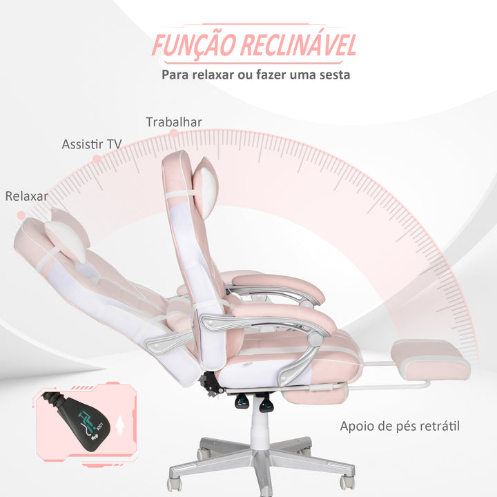 Cadeira Gaming Cadeira de Escritório Reclinável com Altura Ajustável Apoio para os Pés Retrátil Suporte Lombar e Almofada para a Cabeça Amovível 63x63x115,5-123 cm Rosa