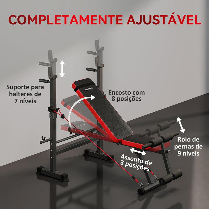Banco de Musculação Multifuncional Carga 420 kg Com Suporte para Barras e Encosto Ajustável Ideal para Treino Completo em Casa 147x109x122 cm Preto