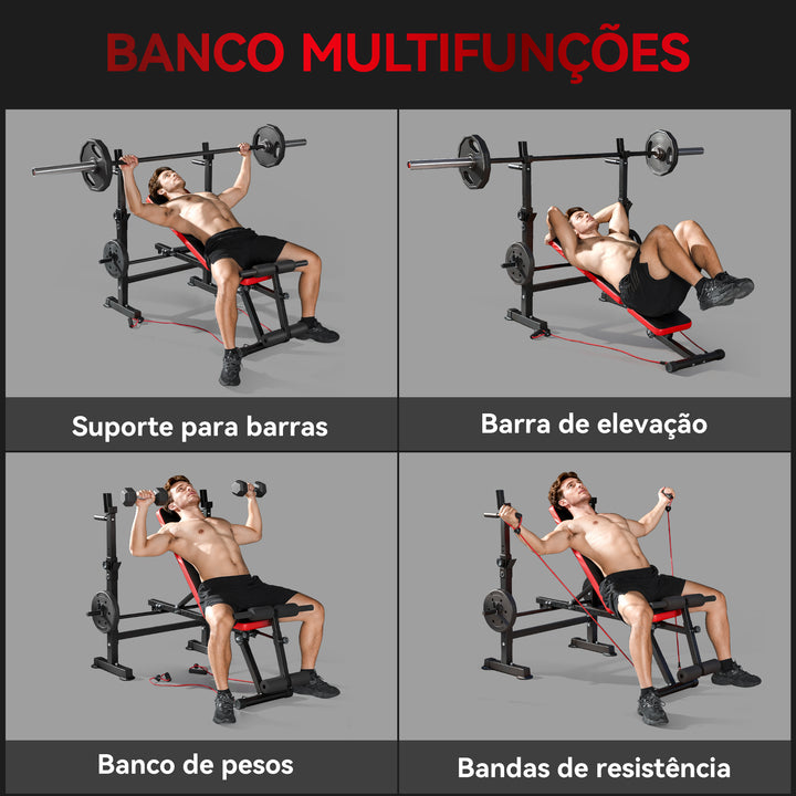 Banco de Musculação Multifuncional Carga 420 kg Com Suporte para Barras e Encosto Ajustável Ideal para Treino Completo em Casa 147x109x122 cm Preto