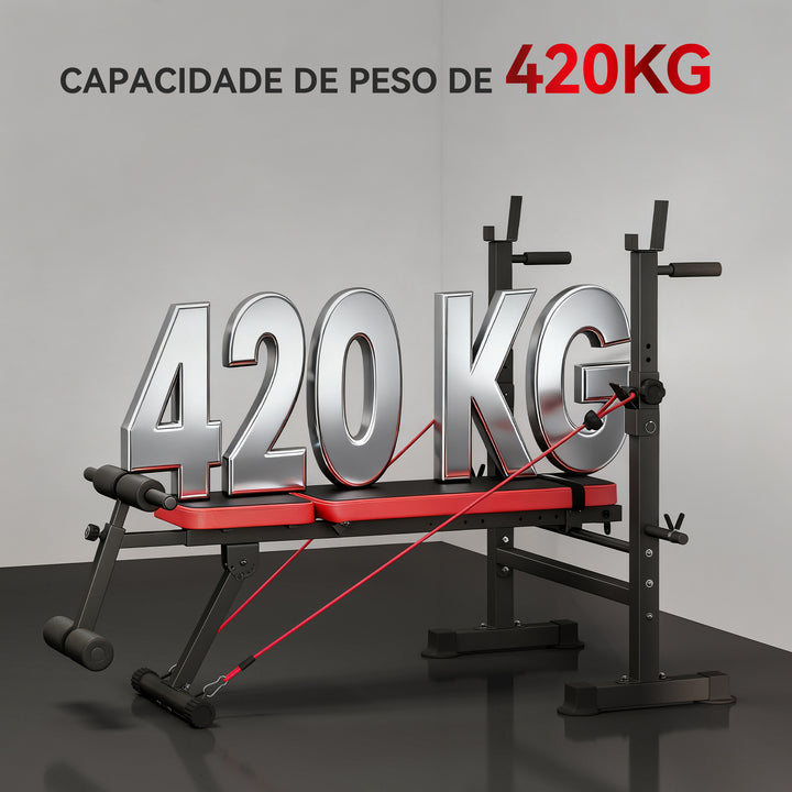 Banco de Musculação Multifuncional Carga 420 kg Com Suporte para Barras e Encosto Ajustável Ideal para Treino Completo em Casa 147x109x122 cm Preto