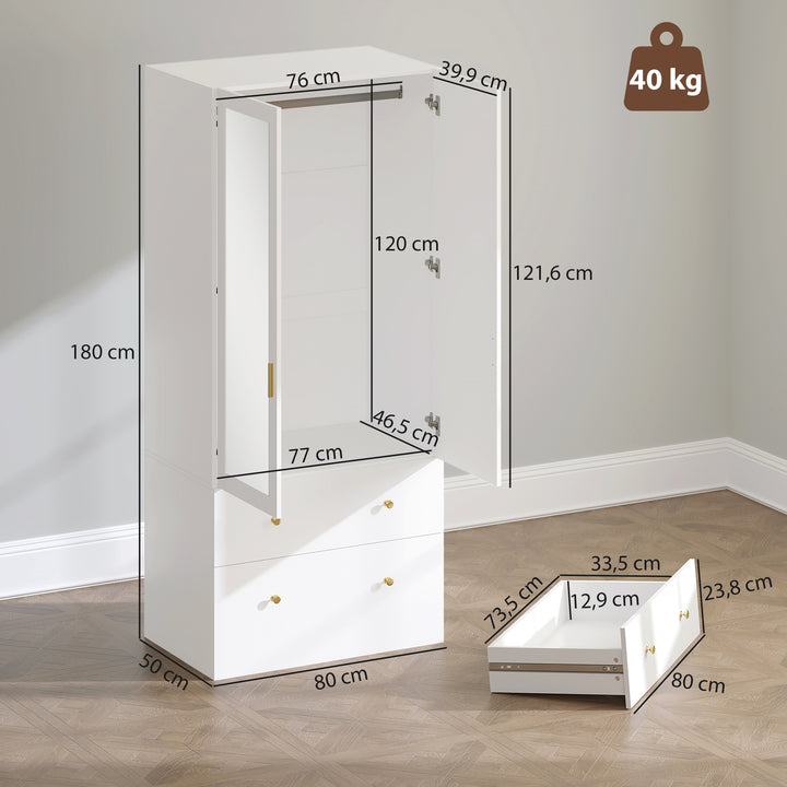 Roupeiro com 2 Portas e 2 Gavetas Armário Roupeiro com Espelho Barra para Pendurar Estilo Moderno 80x50x180 cm Branco