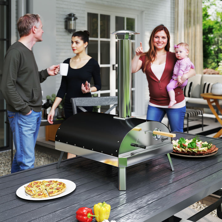 Mini Forno de Pizza Exterior Portátil Forno a Lenha com Pedra Refratária Ø33 cm Pá Pegas de Madeira Termómetro e Bandeja Giratória para Jardim Varanda Campismo Pátio 84x47x82 cm Prata