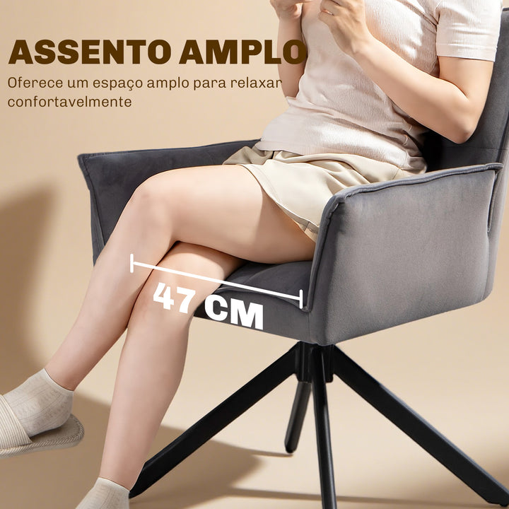 Conjunto de 2 Cadeiras de Refeição Giratórias 360° Cadeiras de Cozinha com Apoio de Braços Encosto Estofado Estofamento em Veludo Pés em Aço para Escritório Conferência Sala de Estar 63x64x85 cm Cinza
