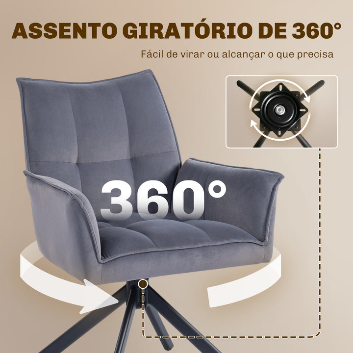 Conjunto de 2 Cadeiras de Refeição Giratórias 360° Cadeiras de Cozinha com Apoio de Braços Encosto Estofado Estofamento em Veludo Pés em Aço para Escritório Conferência Sala de Estar 63x64x85 cm Cinza