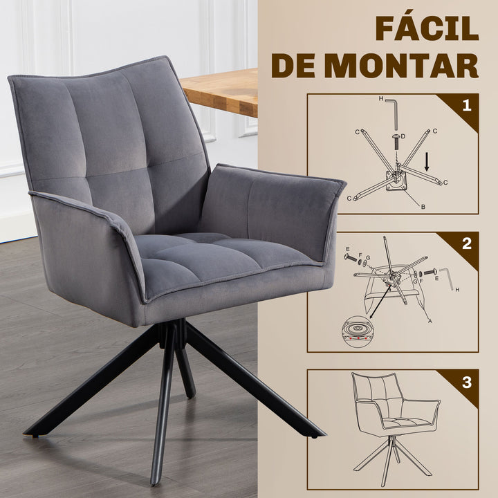 Conjunto de 2 Cadeiras de Refeição Giratórias 360° Cadeiras de Cozinha com Apoio de Braços Encosto Estofado Estofamento em Veludo Pés em Aço para Escritório Conferência Sala de Estar 63x64x85 cm Cinza