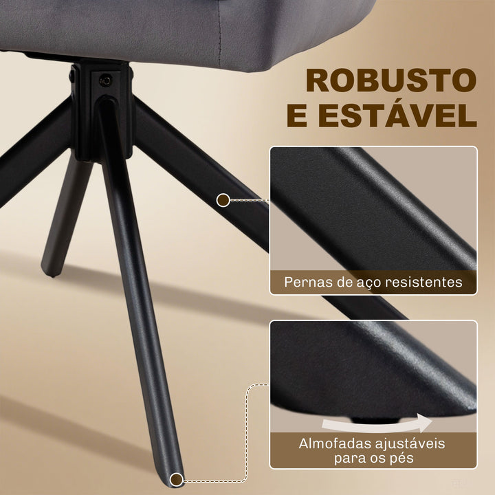 Conjunto de 2 Cadeiras de Refeição Giratórias 360° Cadeiras de Cozinha com Apoio de Braços Encosto Estofado Estofamento em Veludo Pés em Aço para Escritório Conferência Sala de Estar 63x64x85 cm Cinza