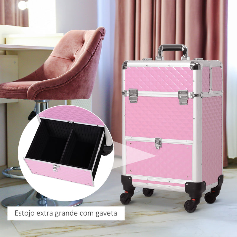 Mala de Maquilhagem Profissional com Gaveta Mala de Maquilhagem com Rodas para Viagem Trabalho 34x25x62 cm Rosa