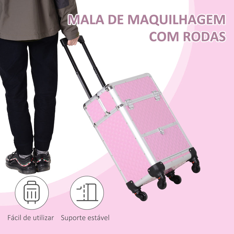 Mala de Maquilhagem Profissional com Gaveta Mala de Maquilhagem com Rodas para Viagem Trabalho 34x25x62 cm Rosa