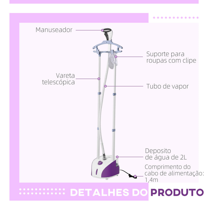 Ferro de Engomar Vertical com Barra Dupla Depósito 2L Ferro de Engomar a Vapor 1950W Saída de Vapor 32g/min e Temperatura Ajustável em 11 Níveis Roxo e Branco