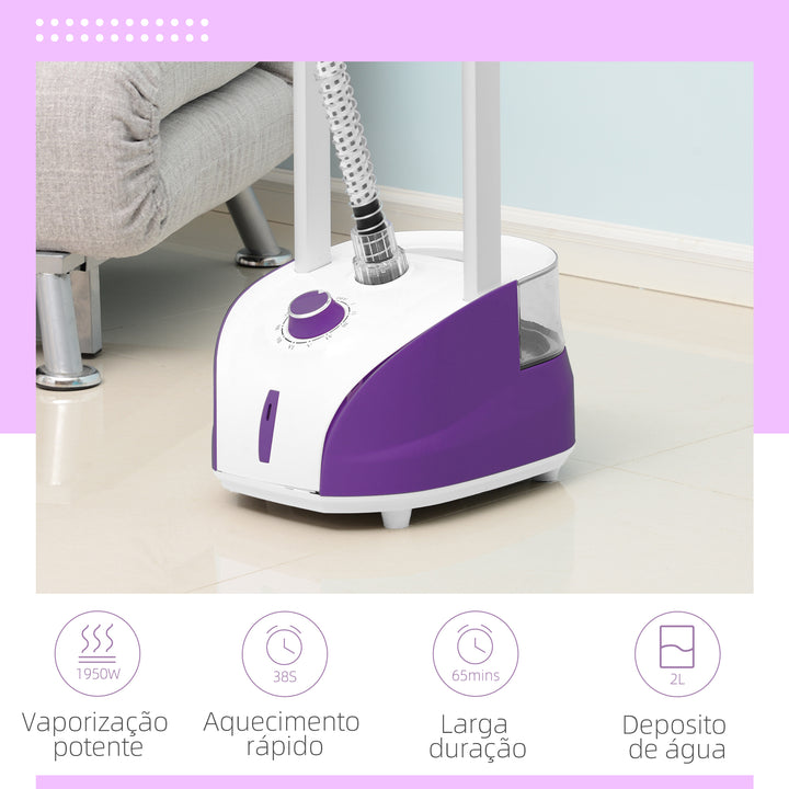 Ferro de Engomar Vertical com Barra Dupla Depósito 2L Ferro de Engomar a Vapor 1950W Saída de Vapor 32g/min e Temperatura Ajustável em 11 Níveis Roxo e Branco