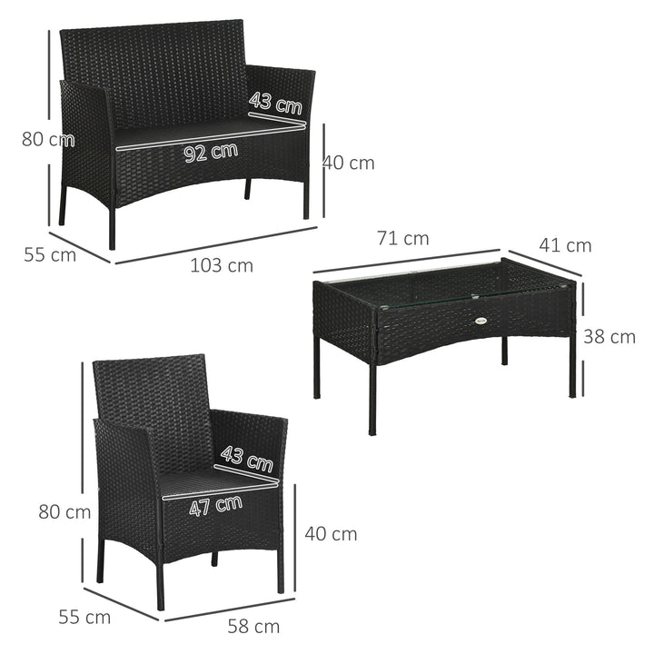 Conjunto de Jardim de Vime Sintético Conjunto de 4 Peças Móveis de Jardim com 2 Poltronas 1 Sofá de 2 Lugares 1 Mesa de Centro com Tampo de Vidro e Almofadas Preto e Branco