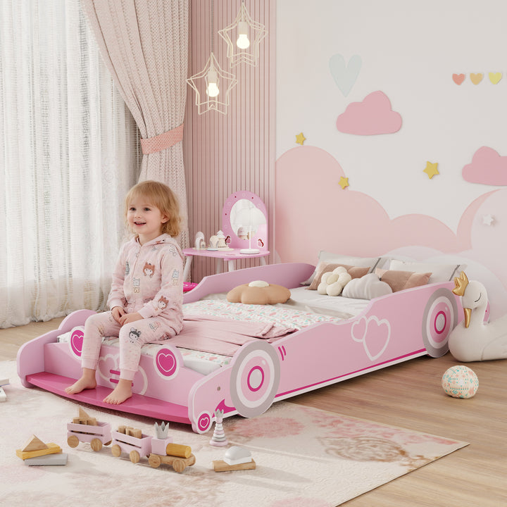 Cama Infantil 70x140 cm em Forma de Carro com Barreira de Proteção e Estrado para Crianças de 3-5 Anos Rosa