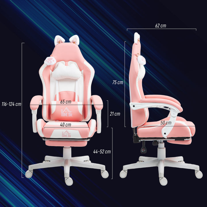 Cadeira Gaming com Orelhas Cadeira Gamer Reclinável com Altura Ajustável Apoio para os Pés Retrátil Suporte Lombar e Apoio para a Cabeça Desmontável Cadeira para Escritório 65x62x116-124 cm Rosa