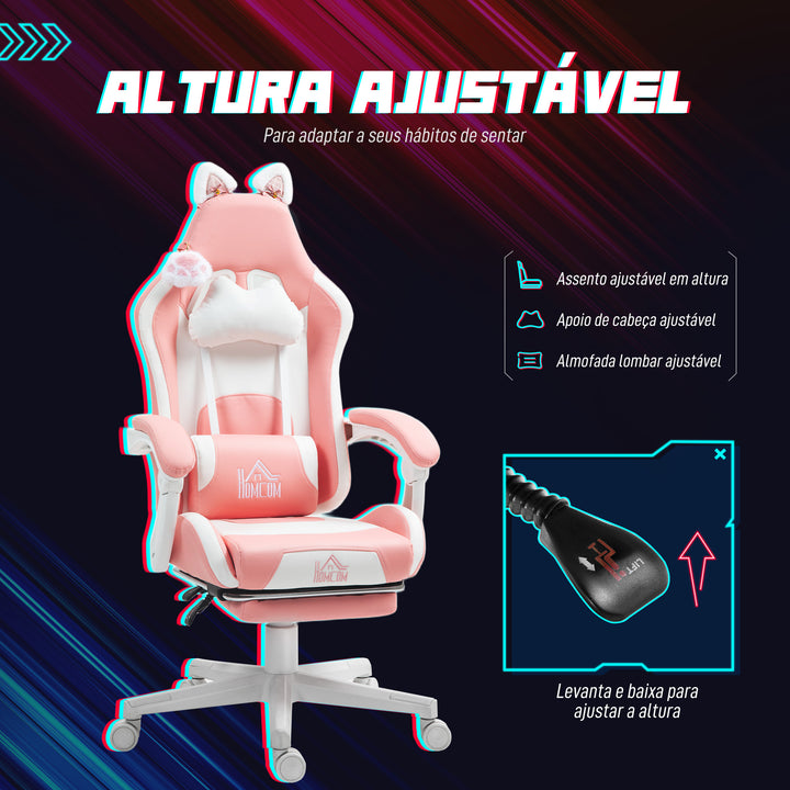Cadeira Gaming com Orelhas Cadeira Gamer Reclinável com Altura Ajustável Apoio para os Pés Retrátil Suporte Lombar e Apoio para a Cabeça Desmontável Cadeira para Escritório 65x62x116-124 cm Rosa