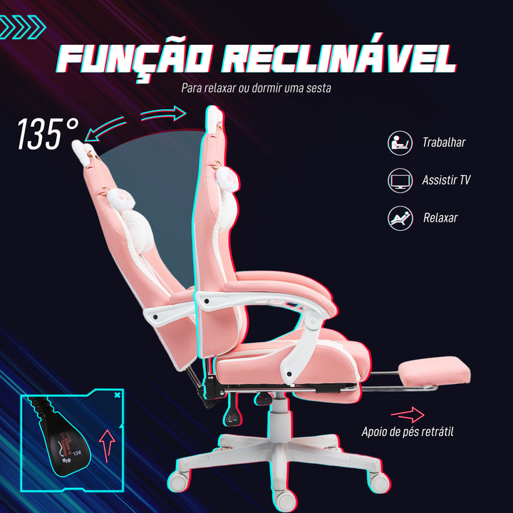 Cadeira Gaming com Orelhas Cadeira Gamer Reclinável com Altura Ajustável Apoio para os Pés Retrátil Suporte Lombar e Apoio para a Cabeça Desmontável Cadeira para Escritório 65x62x116-124 cm Rosa