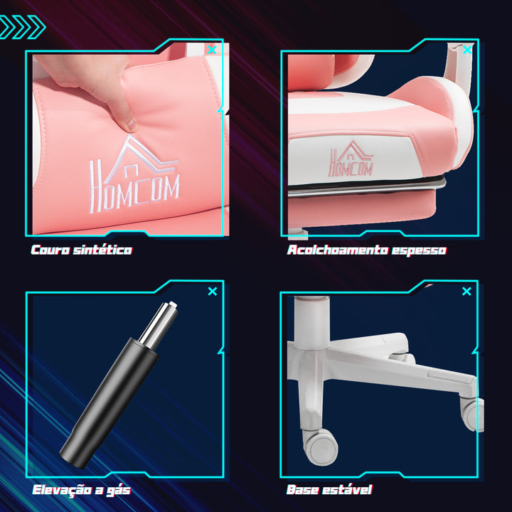 Cadeira Gaming com Orelhas Cadeira Gamer Reclinável com Altura Ajustável Apoio para os Pés Retrátil Suporte Lombar e Apoio para a Cabeça Desmontável Cadeira para Escritório 65x62x116-124 cm Rosa