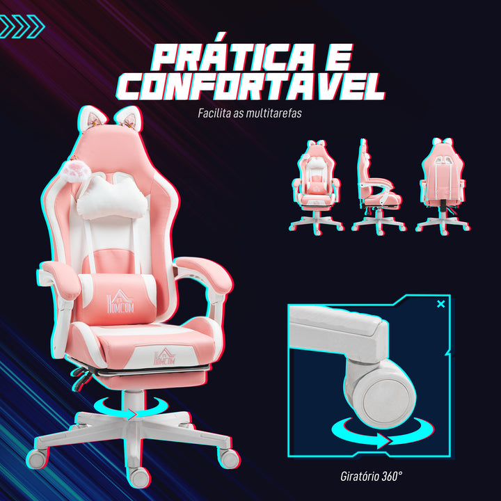 Cadeira Gaming com Orelhas Cadeira Gamer Reclinável com Altura Ajustável Apoio para os Pés Retrátil Suporte Lombar e Apoio para a Cabeça Desmontável Cadeira para Escritório 65x62x116-124 cm Rosa