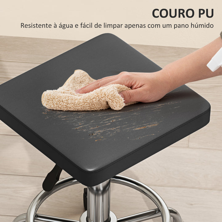 Banco Giratório Banco com Rodas Altura Regulável 50-66 cm Assento Estofado em Imitação de Couro Descanso para os Pés para Salões e Oficinas 34x34x50-66 cm Preto