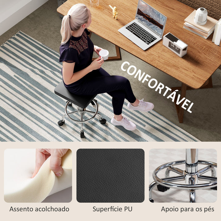 Banco Giratório Banco com Rodas Altura Regulável 50-66 cm Assento Estofado em Imitação de Couro Descanso para os Pés para Salões e Oficinas 34x34x50-66 cm Preto