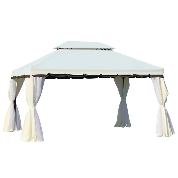Gazebo de Jardim 4x3 m, Pavilhão de Jardim com Teto Duplo, 4 Cortinas e Mosquiteiro, Estrutura em Alumínio, Orifícios de Drenagem, UPF50+, Tenda para Exterior, Terraço, Pátio, Creme
