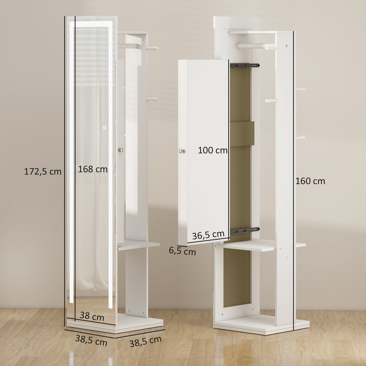 Espelho para Jóias com Luzes LED Armário para Jóias com Espelho de Corpo Inteiro Rotativo 360° Prateleiras Abertas Barras para Pendurar 38,5x38,5x172,5 cm Branco