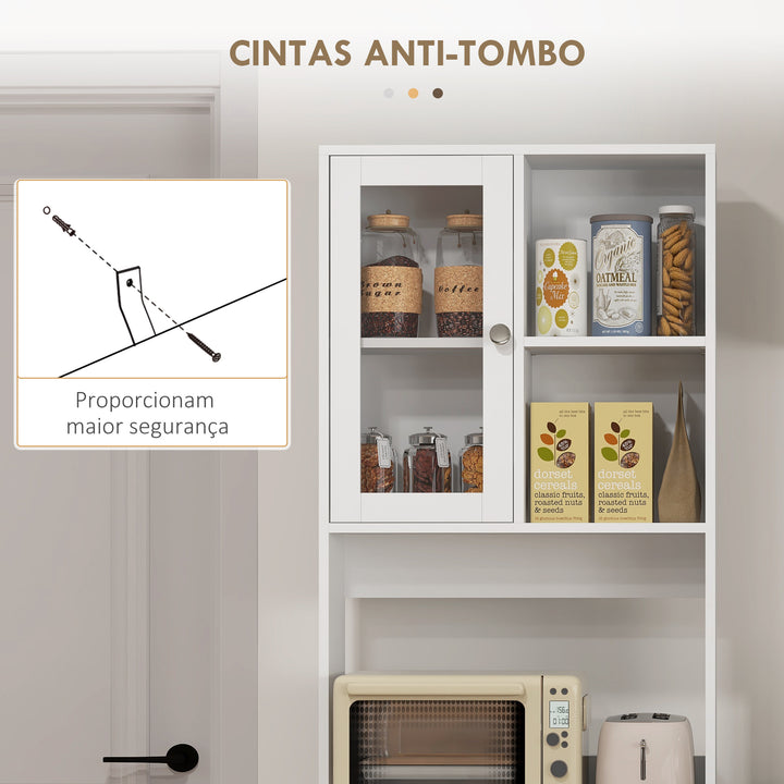 Armário de Cozinha com 2 Armários com Portas de Vidro Temperado 2 Compartimentos Abertos 4 Gavetas e Prateleiras Ajustáveis 60x35x180 cm Branco