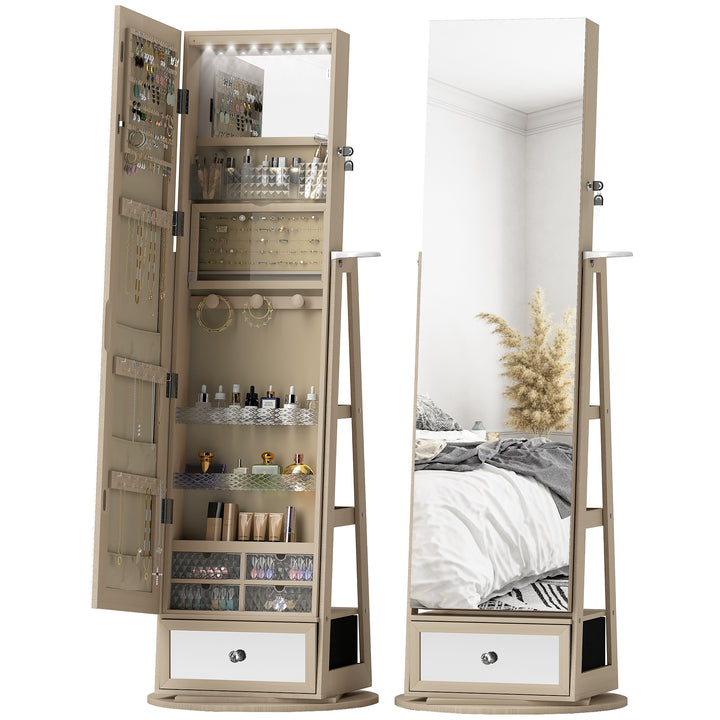 Espelho de Pé Giratório 360° com Espelho com Interior Iluminado Organizador de Jóias com Espelho de Corpo Inteiro Prateleiras e Gavetas para Quarto ou Closet 56x56x164 cm Madeira