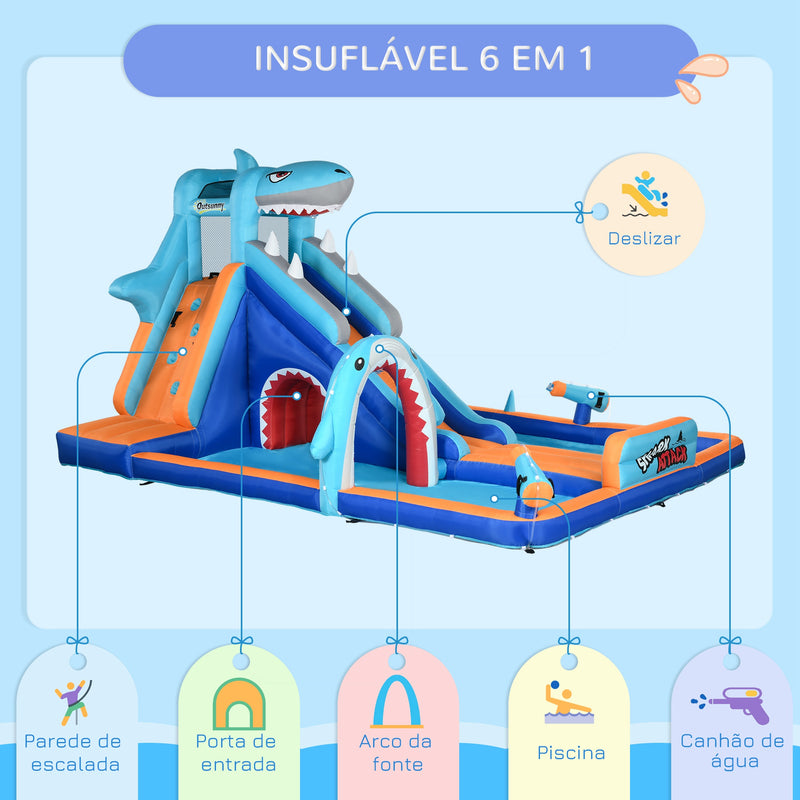 Castelo Insuflável Infantil 6 em 1 Castelo Insuflável para Crianças com Escorrega Piscina Parede de Escalada Canhão de Água e Bolsa de Transporte 440x350x240 cm Multicolor