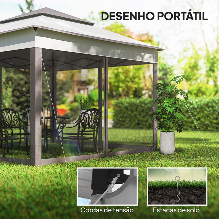 Tenda Dobrável Exterior 325x325x270 cm Tenda de Jardim com Teto Duplo Rede Mosquiteira Amovível e Bolsa de Transporte para Jardim Pátio Cinza