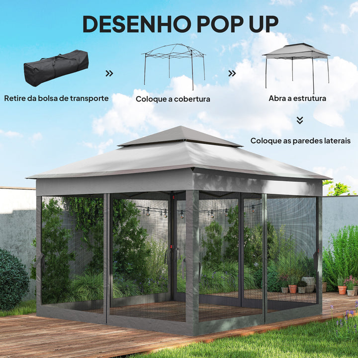 Tenda Dobrável Exterior 325x325x270 cm Tenda de Jardim com Teto Duplo Rede Mosquiteira Amovível e Bolsa de Transporte para Jardim Pátio Cinza