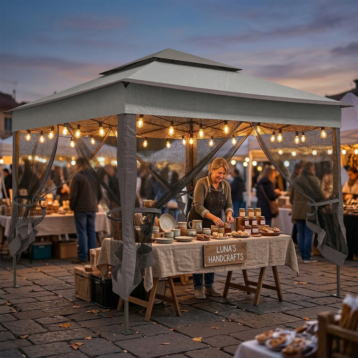 Tenda Dobrável Exterior 325x325x270 cm Tenda de Jardim com Teto Duplo Rede Mosquiteira Amovível e Bolsa de Transporte para Jardim Pátio Cinza