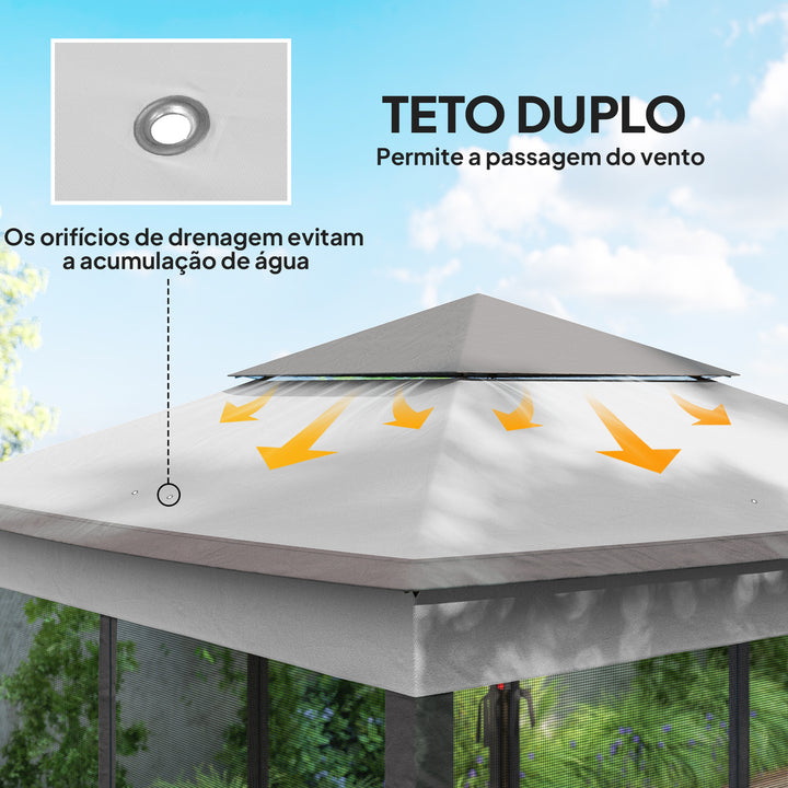 Tenda Dobrável Exterior 325x325x270 cm Tenda de Jardim com Teto Duplo Rede Mosquiteira Amovível e Bolsa de Transporte para Jardim Pátio Cinza