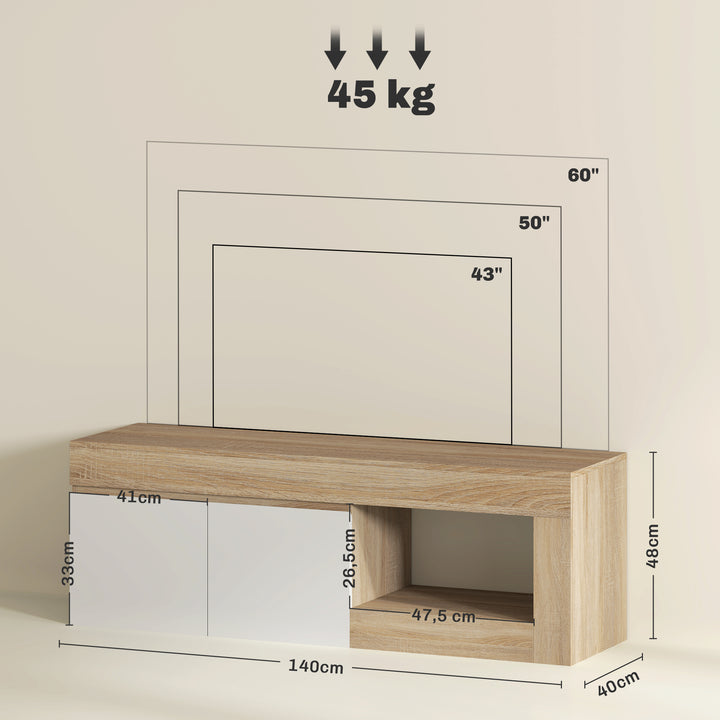 Móvel de TV Mobiliário de TV com 2 Portas Prateleira Aberta Móvel de TV de Sala de Estar para Televisóres de 60 Polegadas 140x40x48 cm Branco e Madeira