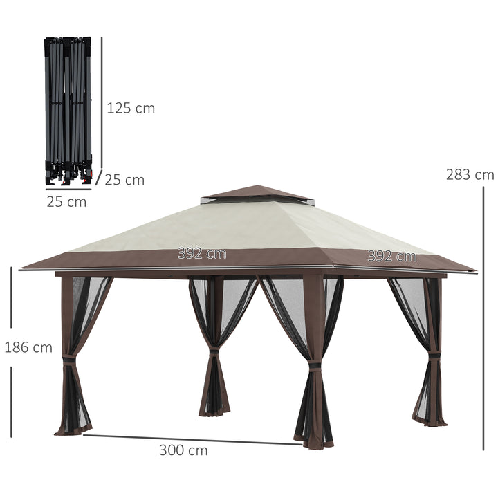 Tenda Dobrável Pop-UP 3,92x3,92x2,83 m Tenda de Jardim com Altura Ajustável Proteção UV50+ Teto Duplo Rede Mosquiteira e Bolsa de Transporte com Rodas para Festas Campismo Bege e Marrom