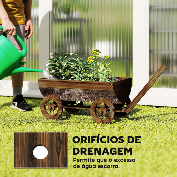 Carrinho de Madeira Decorativo com 4 Rodas e Pega Floreiro Exterior Móvel com Furo de Drenagem Floreiro para Plantas Jardim Terraço 115x40x54,5 cm Carbonizado