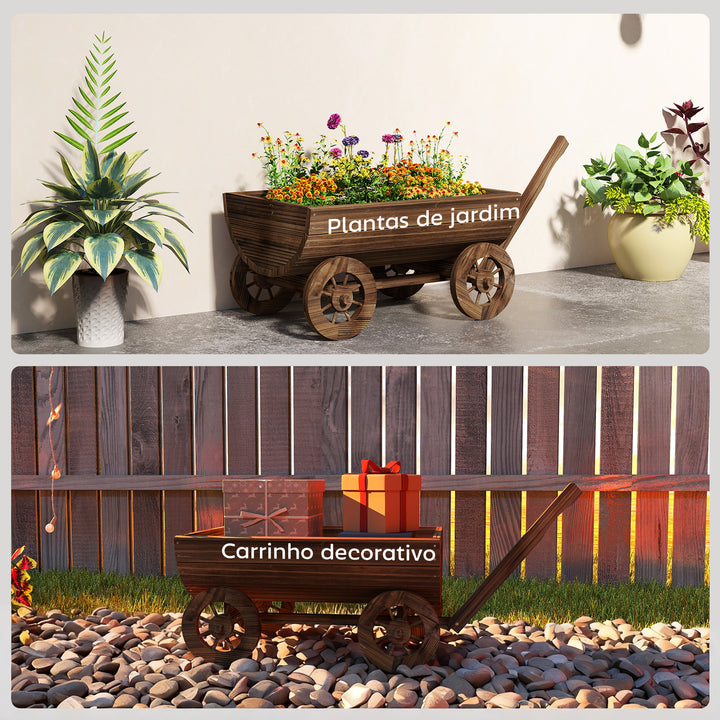 Carrinho de Madeira Decorativo com 4 Rodas e Pega Floreiro Exterior Móvel com Furo de Drenagem Floreiro para Plantas Jardim Terraço 115x40x54,5 cm Carbonizado