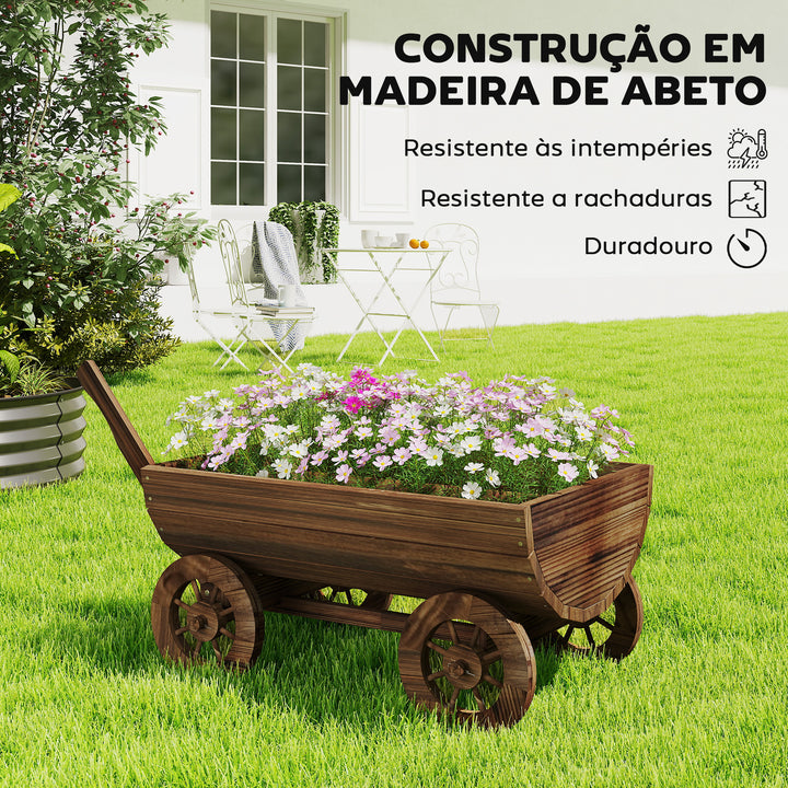 Carrinho de Madeira Decorativo com 4 Rodas e Pega Floreiro Exterior Móvel com Furo de Drenagem Floreiro para Plantas Jardim Terraço 115x40x54,5 cm Carbonizado