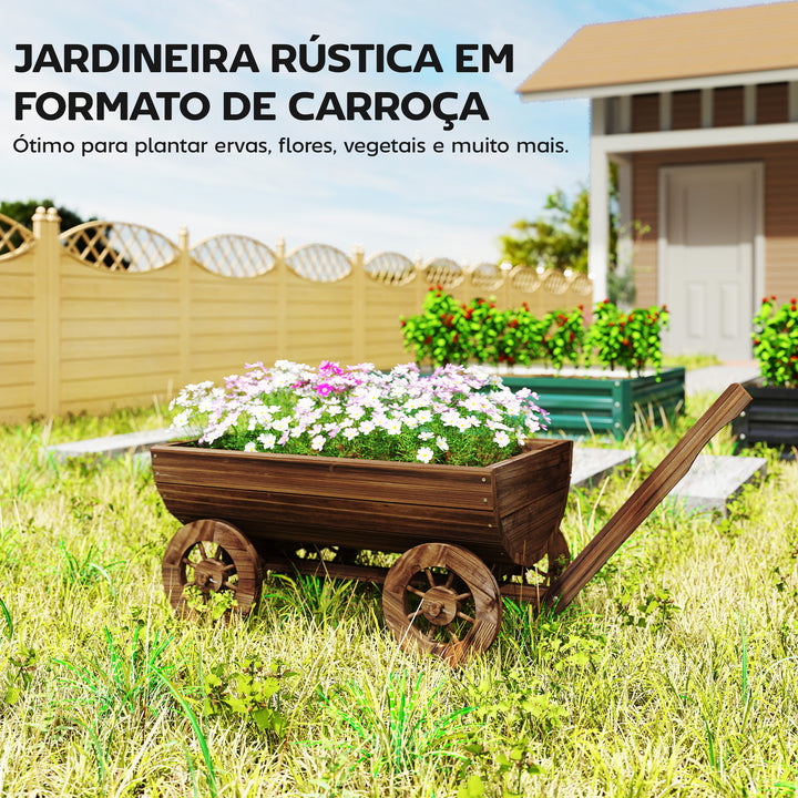 Carrinho de Madeira Decorativo com 4 Rodas e Pega Floreiro Exterior Móvel com Furo de Drenagem Floreiro para Plantas Jardim Terraço 115x40x54,5 cm Carbonizado