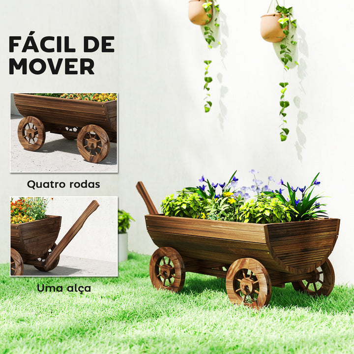 Carrinho de Madeira Decorativo com 4 Rodas e Pega Floreiro Exterior Móvel com Furo de Drenagem Floreiro para Plantas Jardim Terraço 115x40x54,5 cm Carbonizado
